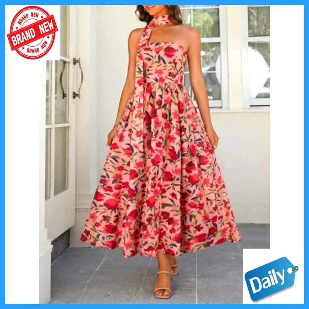 Dresses | Strapless Maxi Dress Floral Smocked Tie High Waist Boho Beach ...